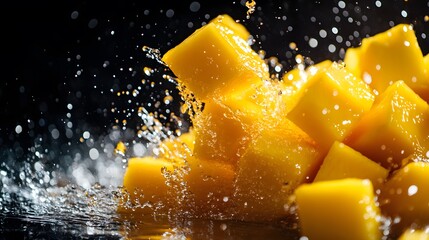 Water Splashing on Juicy Yellow Mango Cubes Dark Background