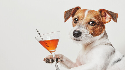Cartoon dog with a cocktail, humorous and relaxed, embodying playful indulgence.