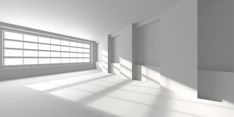 Fototapeta premium Minimalist sunlit interior design with large windows and shadows. 3d render.