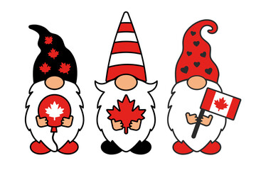 Vector Canada Day gnomes with maple leaf. Cute Canadian holiday illustration for prints, invitations, greeting cards, banners, posters