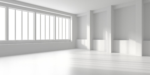 Fototapeta premium Minimalist sunlit empty room with large windows for interior design concepts. 3d render