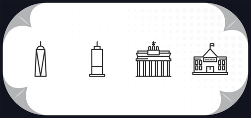 outline icons set - buildings concept. world trade center, trade center, brandenburg gate, embassy.