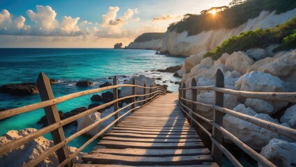 Fototapeta premium Image depicting a wooden bridge along the coast of eco-tourism, in a coastal rural area, featuring ancient coral stone.