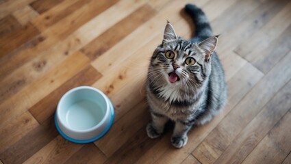 Hungry cat wants to eat, seen from above. The cat is on the floor, pleading for food. A kitten and an empty bowl are present. The hungry cat sits beside an empty bowl, quietly requesting food. Care...