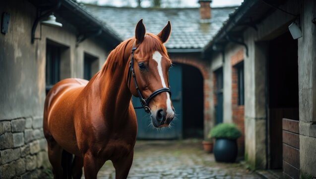 Horse stable in the village. Redhead horse with rider, close-up.