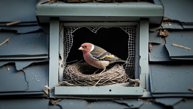 Perspective of a house finch nesting within a soffit vent that has broken mesh. Small bird brooding in attic vent.