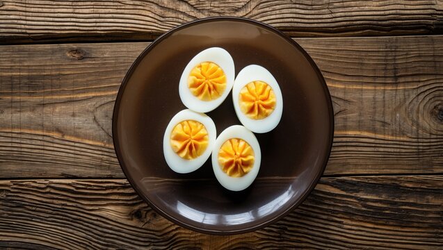 Two sections of egg placed in a dish on a wooden surface. Viewed from above.