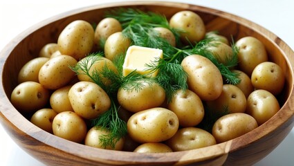Boiled young potatoes with butter and fresh dill arranged in a wooden bowl set against a white background.