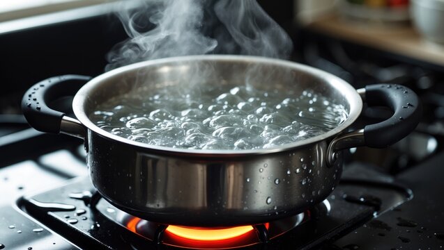 Horizontal view of a pot of boiling water on a stovetop with a glowing element.