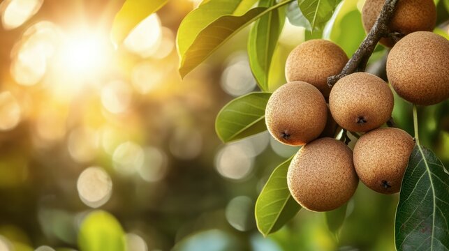 Sapodilla tree with clusters of round brown fruits, natural orchard setting in soft sunlight