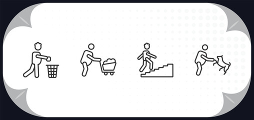 outline icons set - behavior concept. throwing trash, man wirth carry, climbing stairs, man and dog.