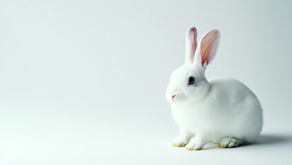 Obraz premium Realistic white rabbit on bright background, ideal for branding or text.