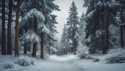 Naklejka premium Picturesque winter forest. Stunning snowy wonderland. Enchanting beautiful scenic view of pines and spruce trees blanketed with snow. Cold frosty nature. Amazing hibernal fairy tale panoramic lands...