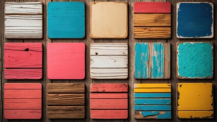 Vintage wooden memo board featuring nine square elements in red, blue, brown, and yellow colors, viewed from the front. Space available for text.