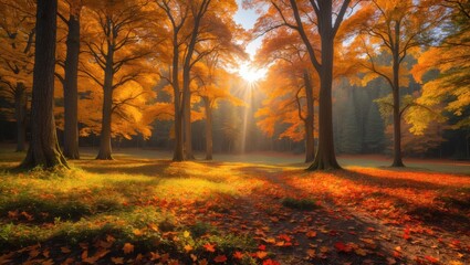 Stunning autumn landscape panorama of a beautiful forest filled with plenty of warm sunshine.