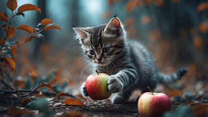 The kitten is interacting with an apple in the outdoors.