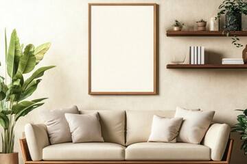 Modern Living Room Interior Design with Beige Sofa and Wooden Shelves Plants and Blank Frame