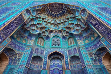 Stunning turquoise and blue tiled facade of a mosque, intricate Islamic architecture and calligraphy.