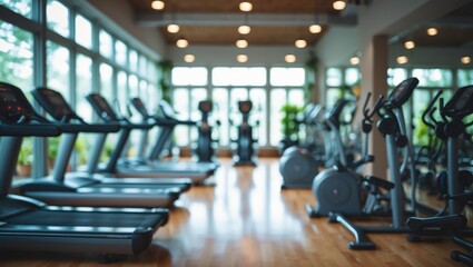 Fototapeta premium Bokeh background. Abstract blur and defocused fitness equipment in interior for backdrop.