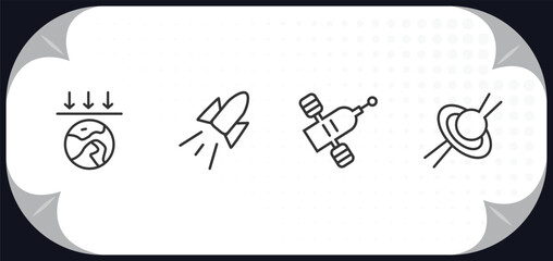 outline icons set - astronomy concept. aerosphere, space rocket, space module, quasar.