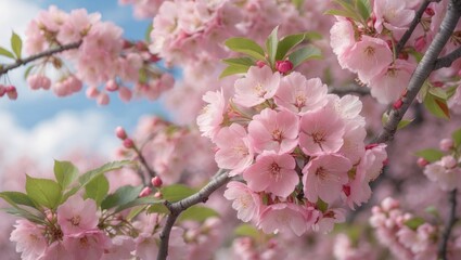 Fototapeta premium Close-up shot of cherry blossoms featuring blooming pink petals and visible stamens at various stages of bloom, against a softly blurred light sky background.