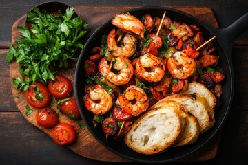 A beautifully arranged tapas platter with shrimp skewers, mini chorizo bites, and sliced bread on a rustic table