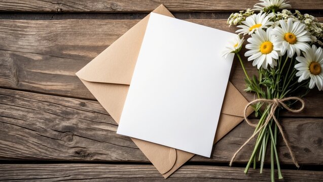 Blank white greeting card with brown envelope and wilted flowers on a wooden table featuring a vintage and vignette tone.