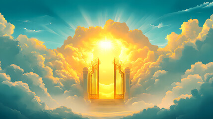 Golden Gates of heaven with sunshine in clouds. Stairway to heaven in glory, gates of Paradise, meeting God, symbol of Christianity. Gates of heaven coming out of the clouds, floating in the sky