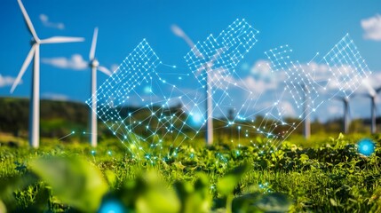 Green Field with Wind Turbines and Digital Network Overlay
