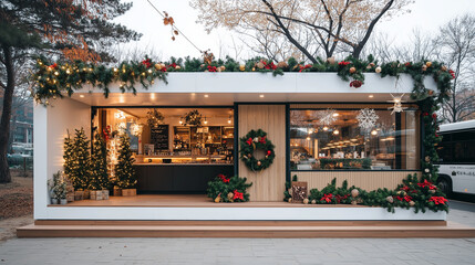 Festive Shopfront: A charming shop adorned with Christmas decorations, offering a warm and inviting scene, perfect for the holiday season.