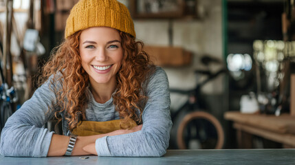 Confident young female mechanic with curly red hair wearing yellow beanie, standing near bicycle repair tools in workshop setting