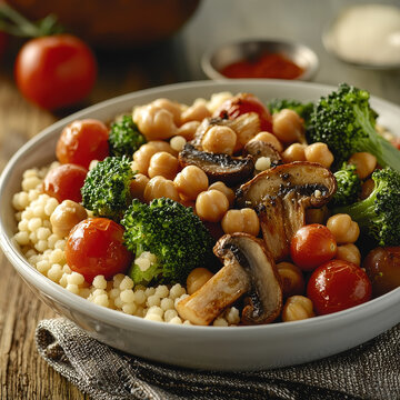 Hearty bowl of couscous, roasted vegetables, and mushrooms