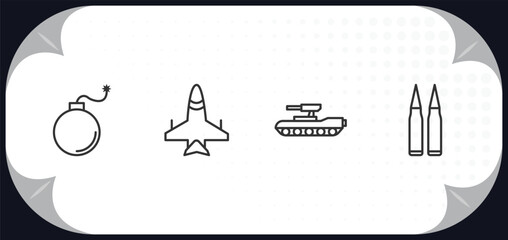outline icons set - army and war concept. bomb, jet, tank, two bullets.