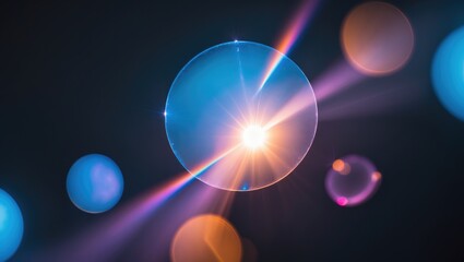 Blue light flare prism rainbow flares overlay effect on a black background, with light crossing crystals and prismatic sun catcher reflections rays. Abstract blurred colorful lens flare bokeh on a ...