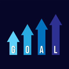 Goal blue arrow on dark blue background. Graph growth development improvement profit success concept.