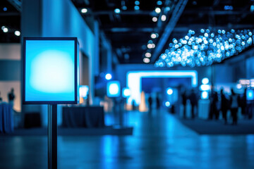 Fototapeta premium A modern exhibition hall illuminated with blue lighting and futuristic digital screens, creating a tech-inspired ambiance.