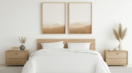 Serene Bedroom Interior: A stylishly decorated bedroom with a wooden headboard, nightstands, and minimalistic artwork, creating a tranquil retreat.