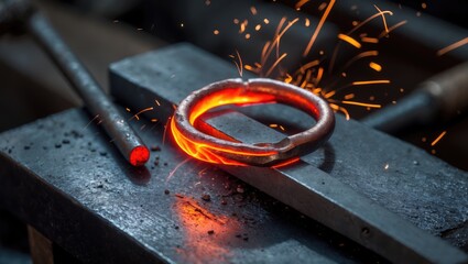 Blacksmith shapes iron rod on the anvil using a tool.