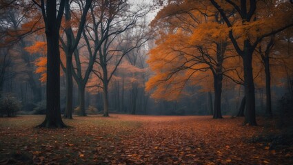 Stunning image of a woodland featuring trees and fallen autumn leaves.