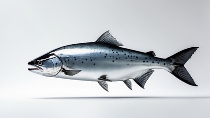 Gray Atlantic salmon fish displayed against a white background.