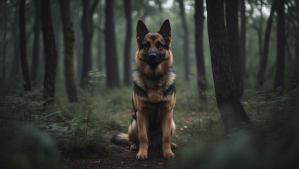 German Shepherd dog situated in the woods.