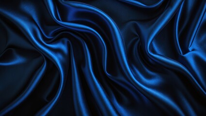 Fototapeta premium Black blue abstract backdrop. Silk satin. Curtain, drapery. Shiny fabric. Dark. Wavy soft pleats. Liquid wave effect. Gradient.