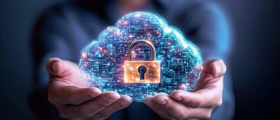 Cloud with a glowing holographic padlock in the middle representing digital security and cloud computing concepts