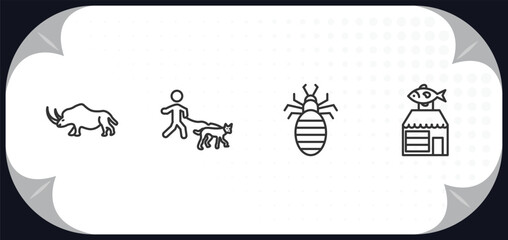 outline icons set - animals concept. coelodonta, walking dog, louse, fish shop.