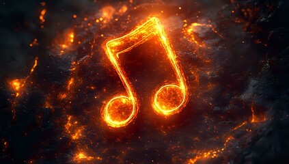 Glowing musical note symbol surrounded by fiery sparks and smoke effects on dark background, creating dramatic atmospheric composition.