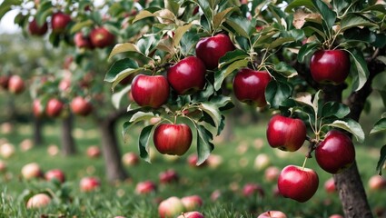 Obraz premium Fresh Ripe Apples, a Rare Variety of Apple, in an Apple Orchard During Harvest Time.