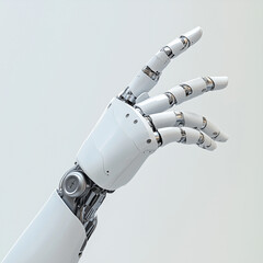 White cyborg robotic hand pointing his finger, 3D rendering, cyborg arm, holding posture, artificial intelligence technology