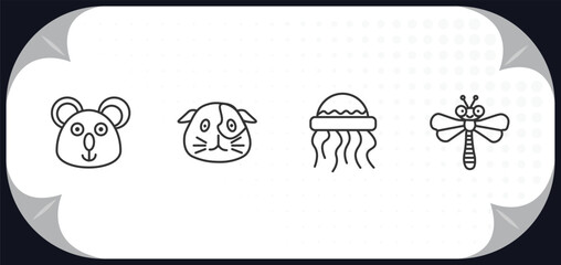 outline icons set - animals concept. koala, guinea pig heag, medusa, dragonflay.