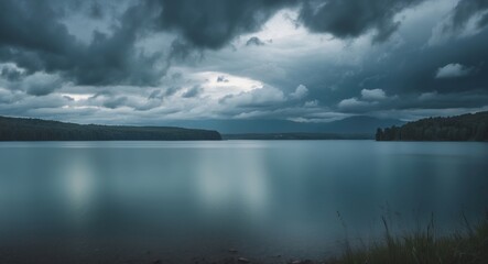 Fototapeta premium Stunning view of the lake beneath the cloudy sky.