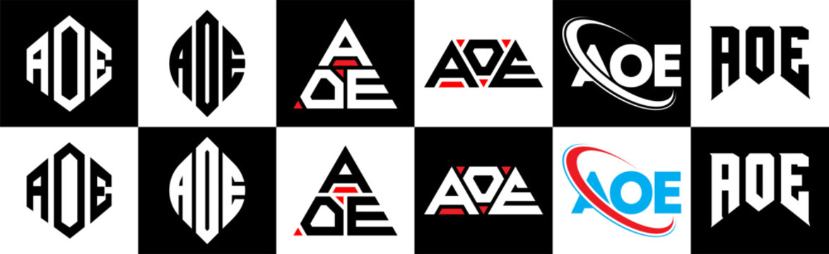 AOE letter logo design in six style. AOE polygon, circle, triangle, hexagon, flat and simple style with black and white color variation letter logo set in one artboard. AOE minimalist and classic logo